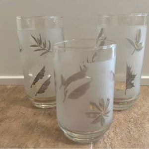 Vintage Libby Silver Frosted Leaf Drinking Glasses 5.5” & 4.5” Tall- Set of 3